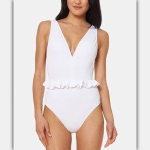 Jessica Simpson White V-Neck Ruffle Swimsuit